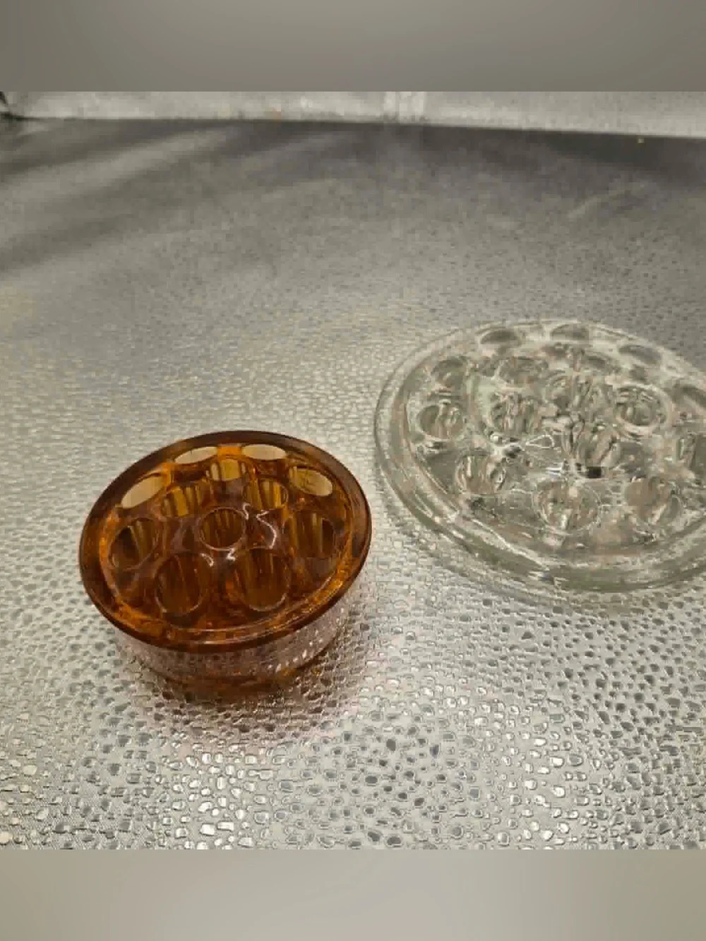Vintage  Flower Frog Pair Marigold Amber Glass & Crystal Antique Imperial Glass